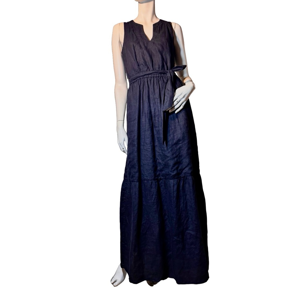 Splendid Stella linen Navy Blue Tiered Maxi Gown V-Neck Sleeveless